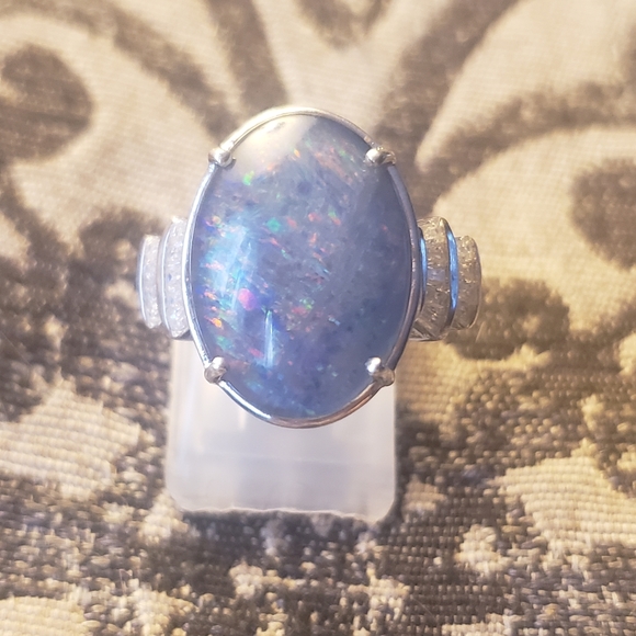 Djoy Jewelry - Rare Boulder Opal and Moissanite Ring in Platinum Over Sterling Silver